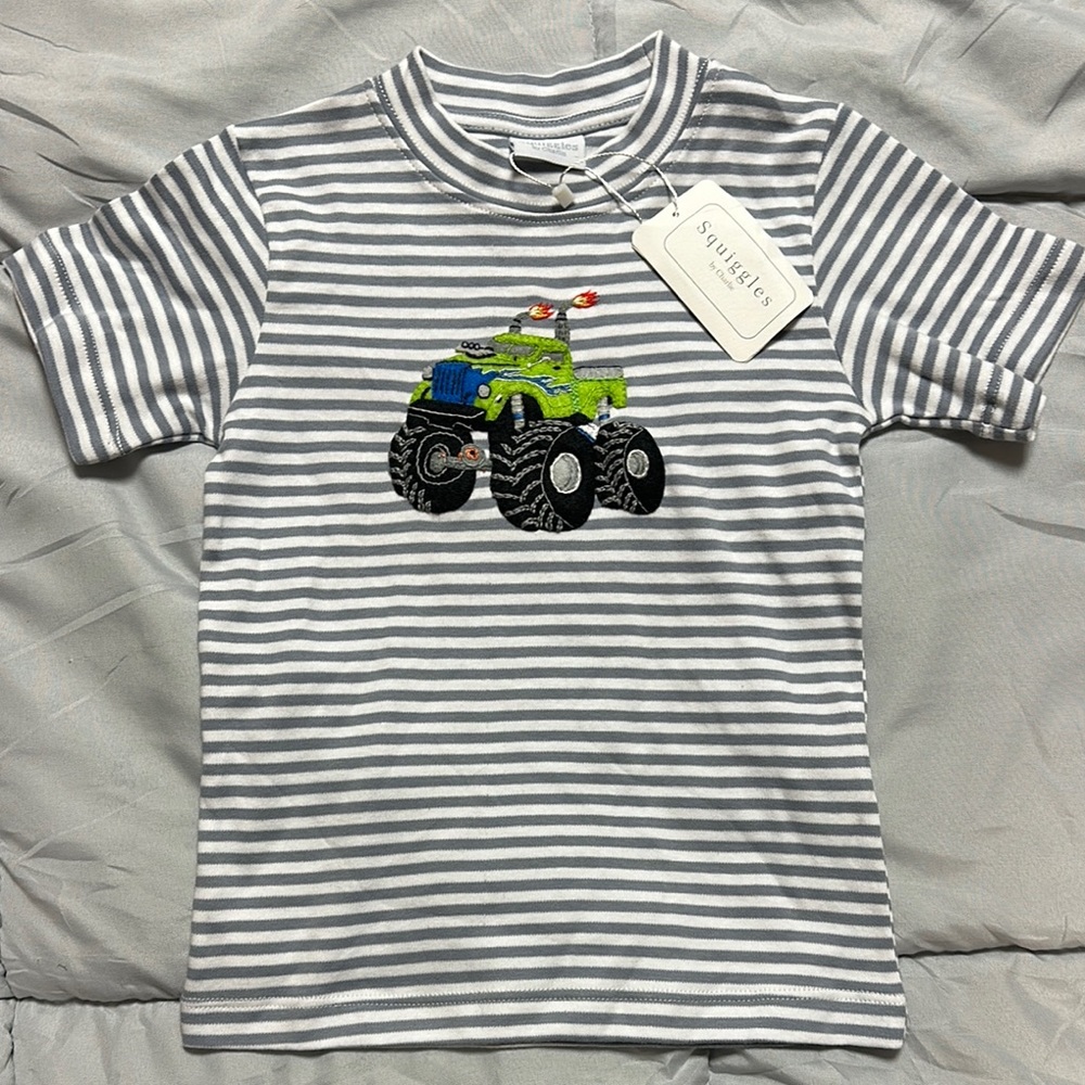 Squiggles Gray Striped T-Shirt with Green Monster Truck